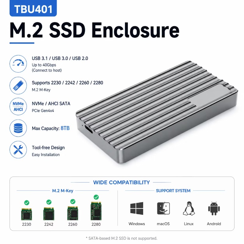 Aluminum M.2 NVMe SSD Enclosur - đánh giá và giá Usb4 40Gbps External Ssd 8Tb